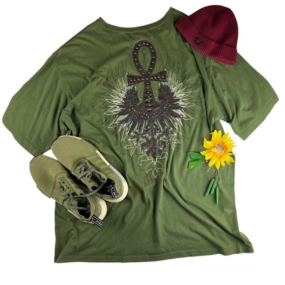 Pelle Pelle Mens Shirt Live Forever Leather Ankh Design  4XL Shirt Studded Green - Picture 1 of 10